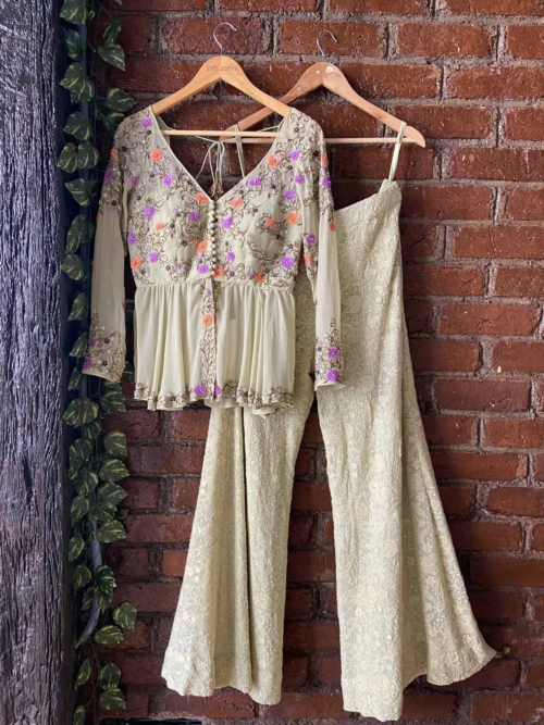 Olive Peplum Embroidered Top and Palazzo Set Palazzo Set