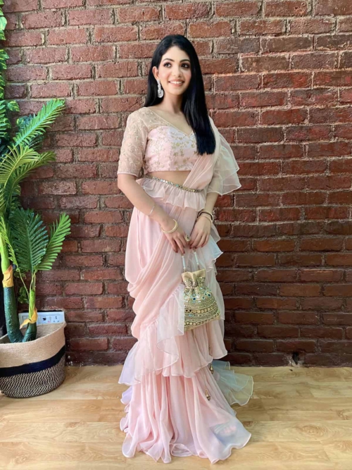 Powder Pink Ruffle Pre-Stitched Saree Anniversary Sale