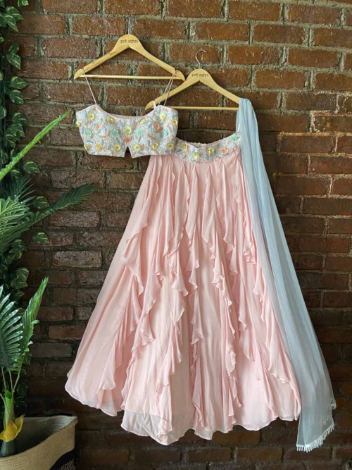Powder Pink and Grey Ruffle Lehenga Set Lehengas