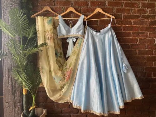 Sky Blue Raw Silk Lehenga Set with Lime Handpainted Dupatta Set Anniversary Sale