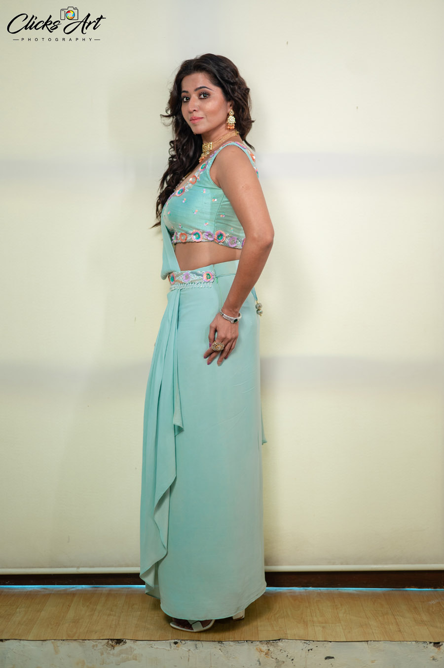 Mint Green 3D Embroidered Draped Skirt Set Indo-Western 8