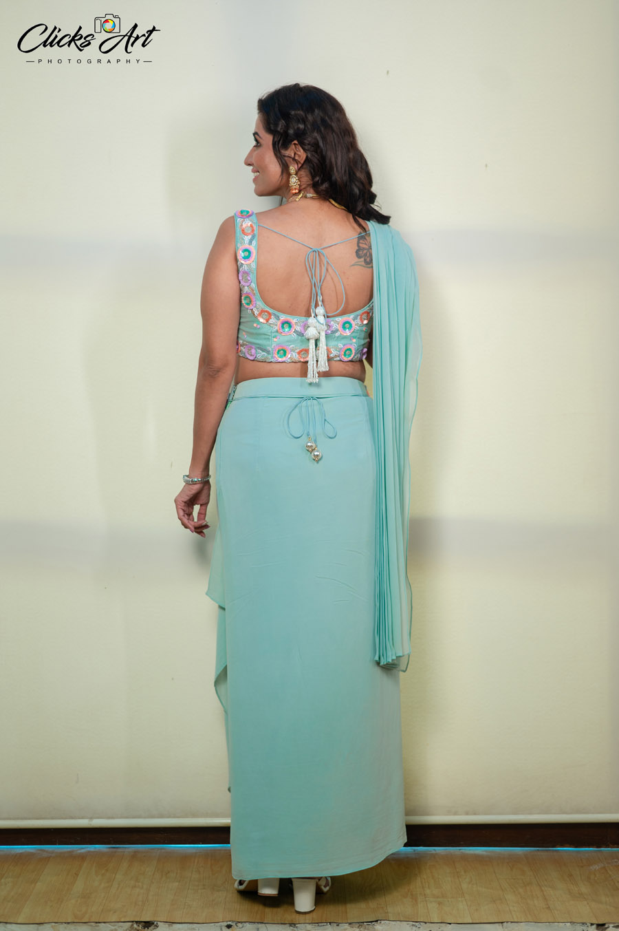 Mint Green 3D Embroidered Draped Skirt Set Indo-Western 9