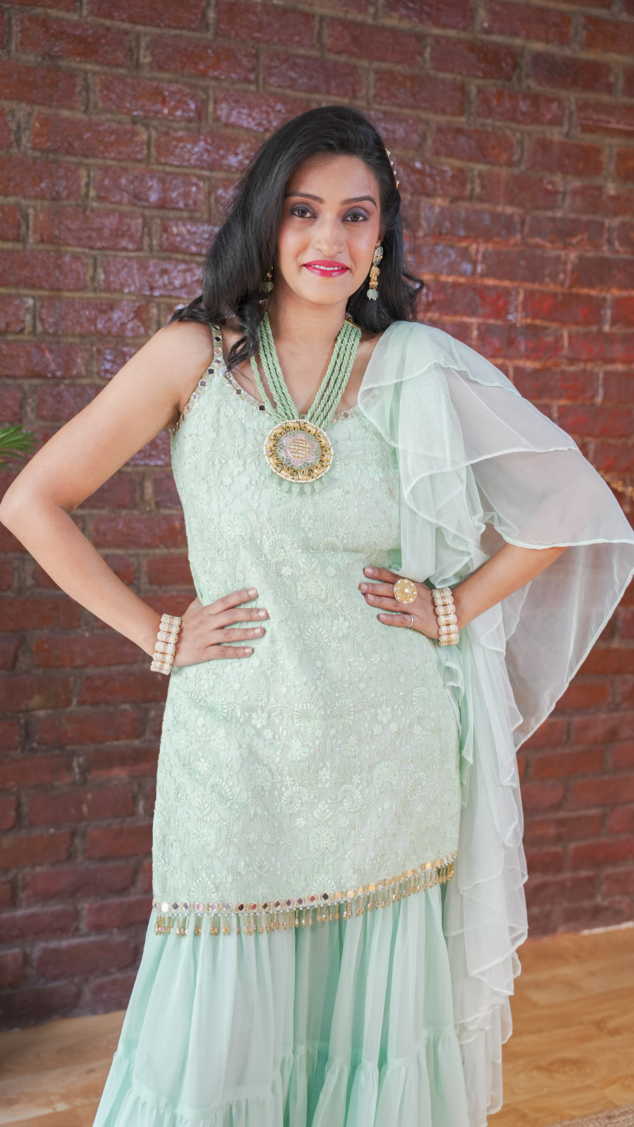 Mint Green Thread and Mirror Work Kurta and Sharara Set Anarkali And Suits 2