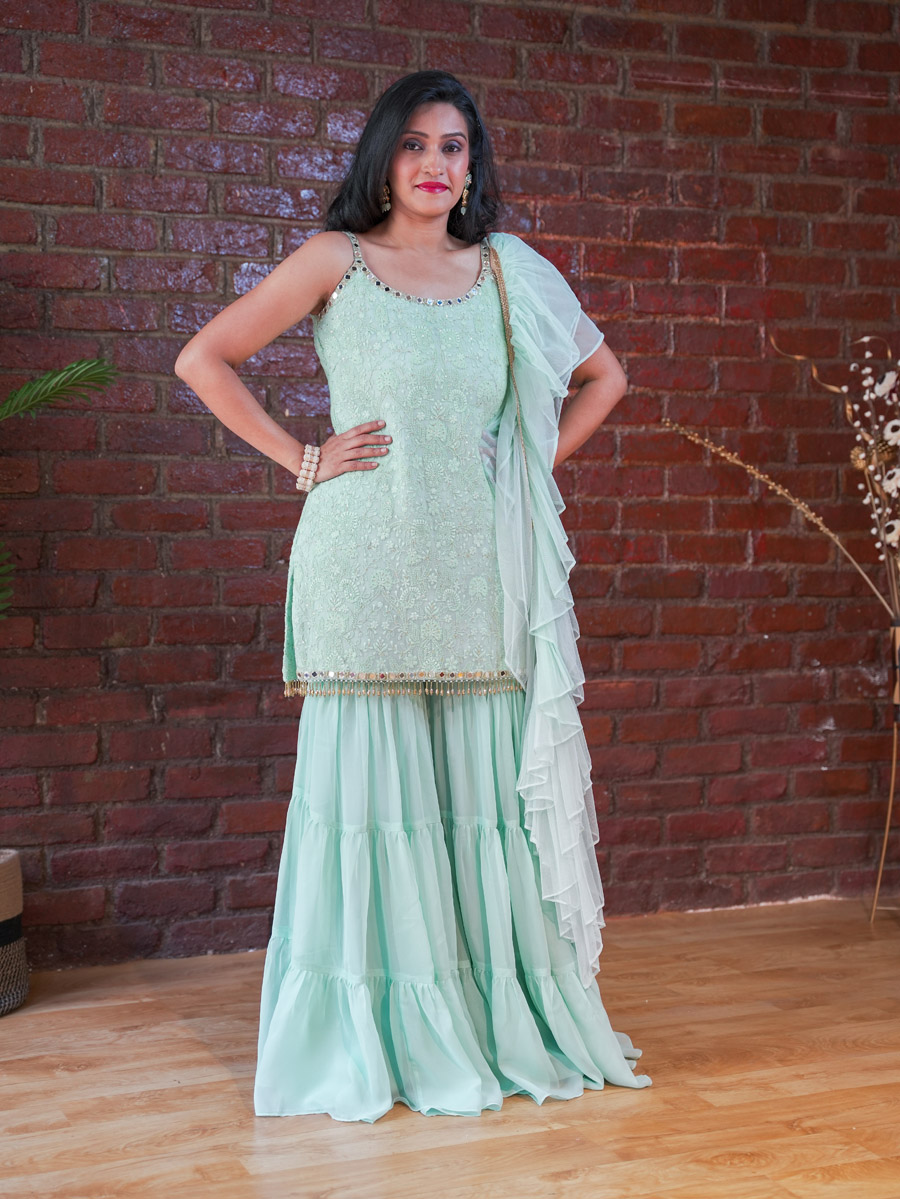 Mint Green Thread and Mirror Work Kurta and Sharara Set Anarkali And Suits