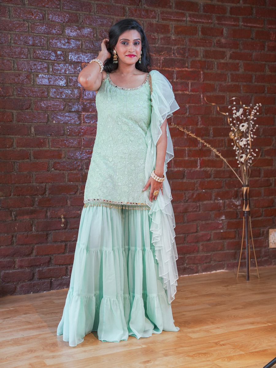 Mint Green Thread and Mirror Work Kurta and Sharara Set Anarkali And Suits 7