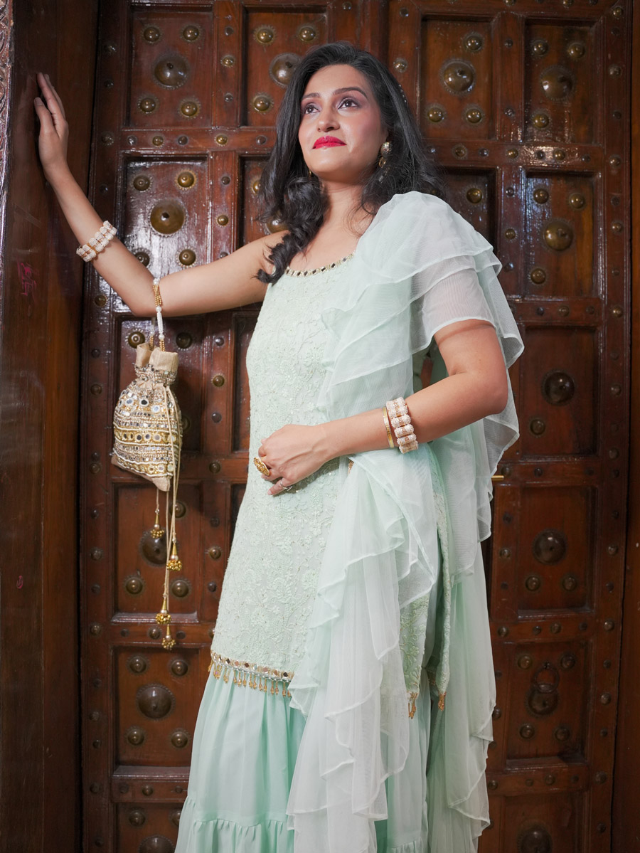 Mint Green Thread and Mirror Work Kurta and Sharara Set Anarkali And Suits 4