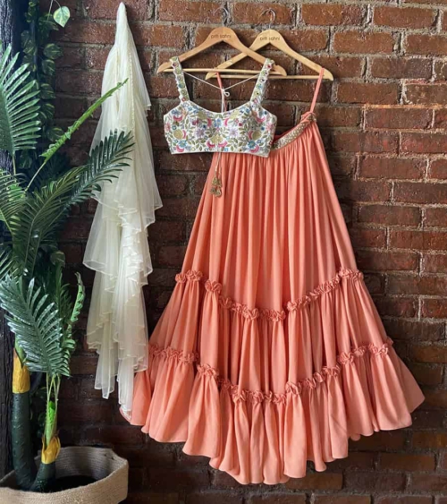 Ivory Swan and Peach Ruffle Lehenga Set Sharmily