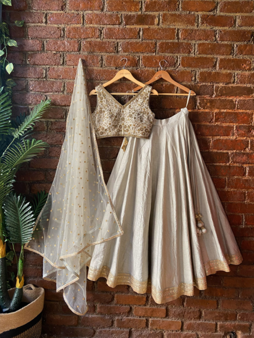 Grey Raw Silk Lehenga Set Lehengas
