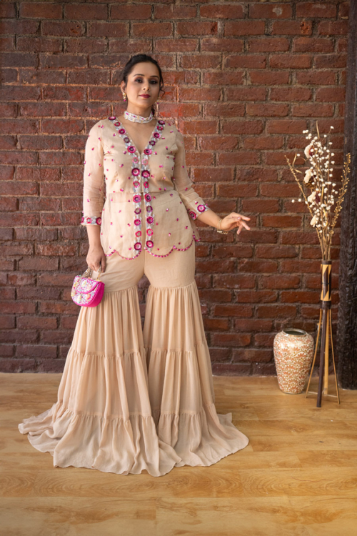 Beige Organza Peplum Top and Sharara Set What's New