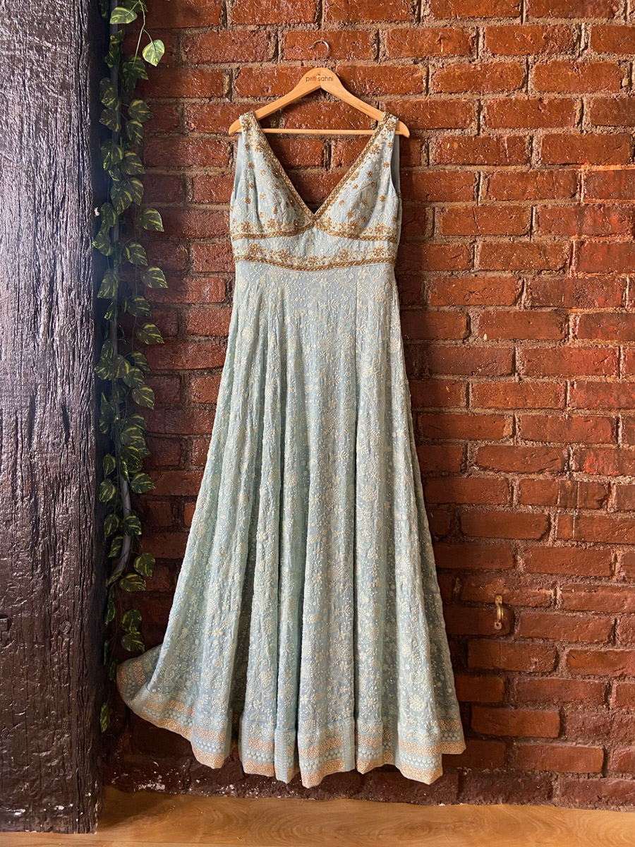 Dusty Blue Lucknowi Gown Indo-Western