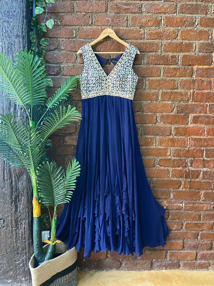 Navy Blue Mirror Work Gown Indo-Western