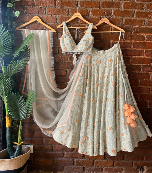 Mint 3D Embroidered  Lehenga Set Lehengas