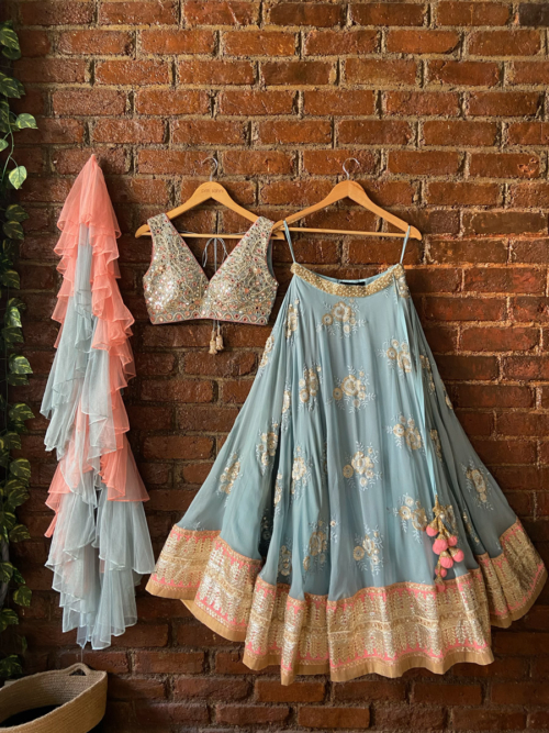 Dusty Blue and Blush Pink Mirror Work Lehenga Set Gown Lehengas