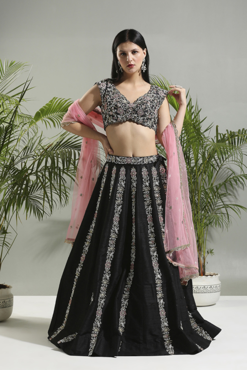 Black and Pink Thread and Mirror Hand-Embroidered Lehenga Set Lehengas