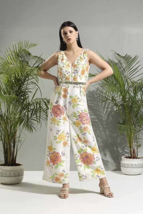 Ivory Hand Painted Jumpsuit Indo-Western