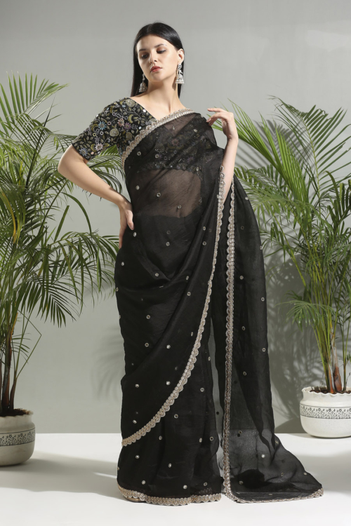 Black Organza Saree and Embroidered Blouse Set Sarees