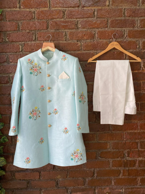 Aqua Blue Embroidered Sherwani Mens