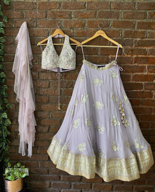 Pastel Mauve Floral Mirror Work Lehenga Set Kora