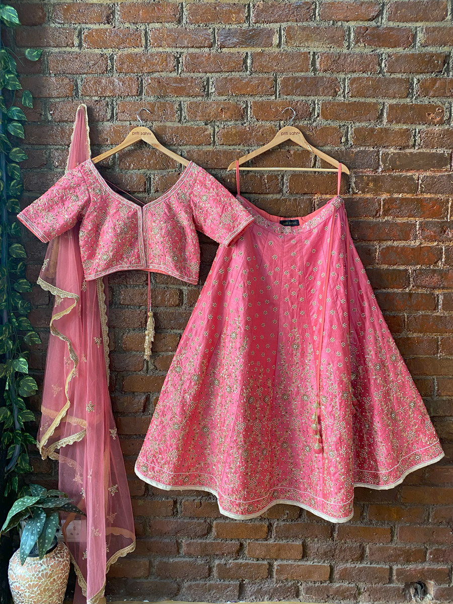 Blush Pink Raw Silk Bridal Hand-Embroidered Lehenga Set Bridal Couture