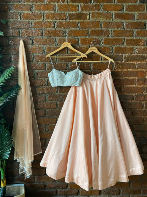 Peach and Powder Blue Lehenga Set Bridesmaids