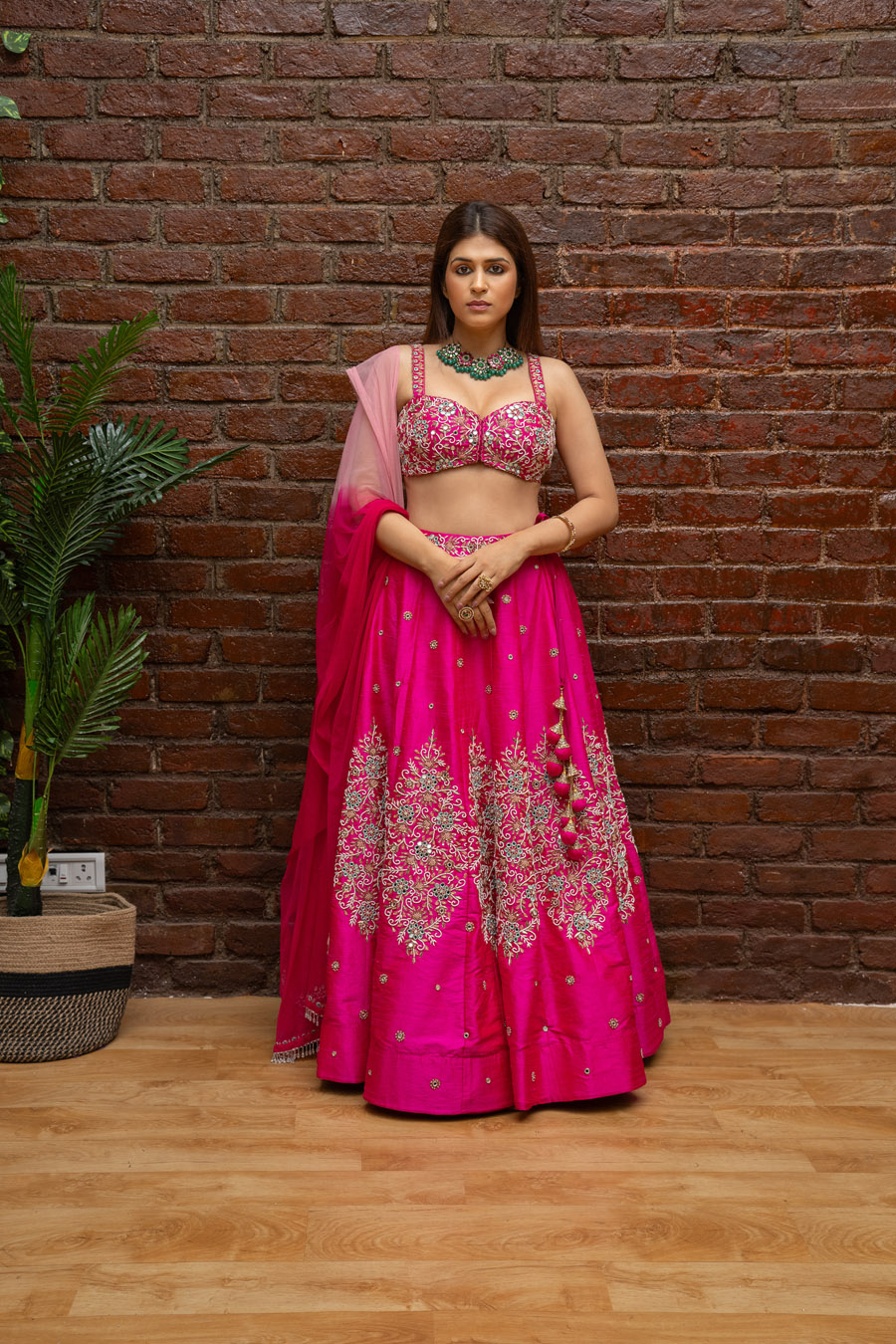 Hot Pink Hand-Embroidered Lehenga Set Bridal Couture