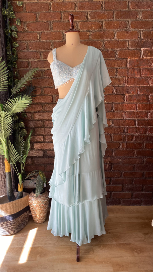 Mint Pre-Stitched Ruffle Saree btco13jun24