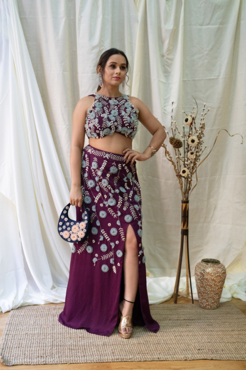 Aubergine 3D Embroidered Lehenga Set btco13jun24 Aubergine 3D Embroidered Lehenga Set btco13jun24