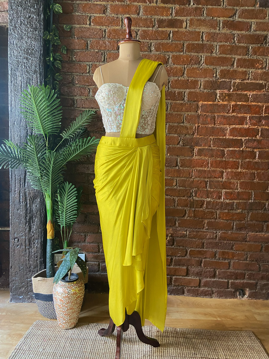 Yellow Satin Silk Draped Saree with Corset Indo-Western