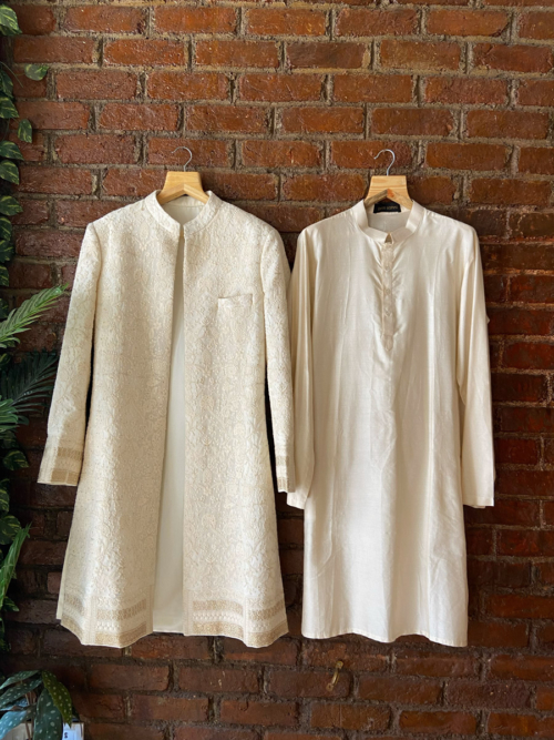 Ivory Thread Work Sherwani Jacket Set Mens
