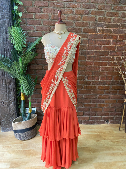 Red Rust and Cream Pre-Stitched Ruffle Saree btco13jun24