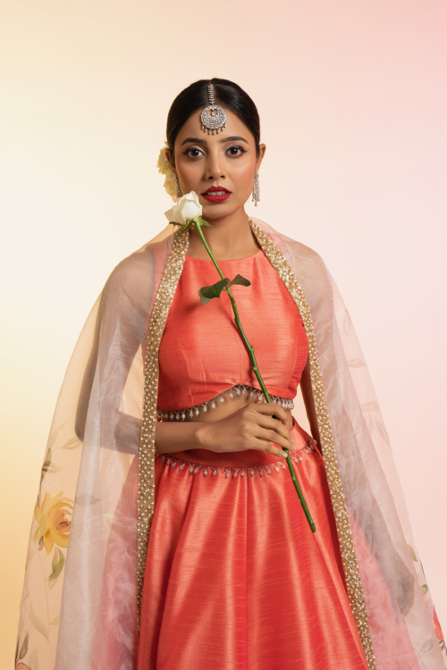 Coral Lehenga Set with Hand-Painted Dupatta Lehengas