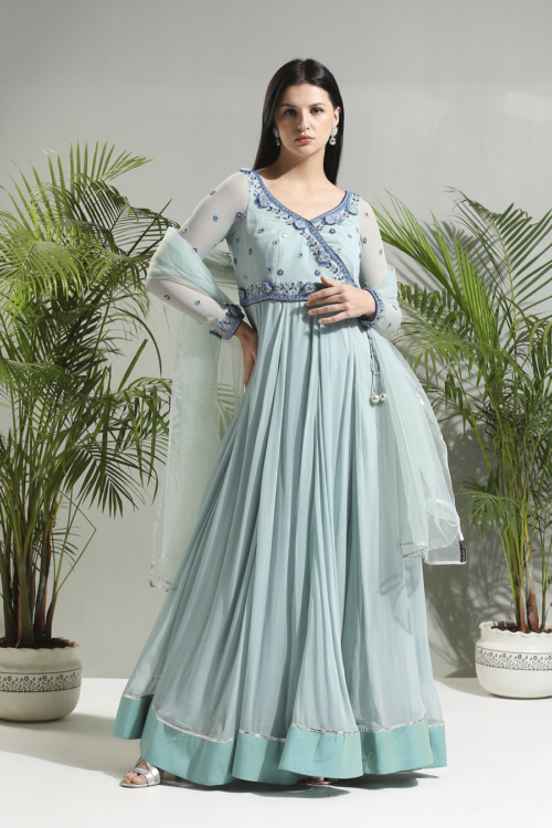 Dusty Blue Anarkali Set Anarkali And Suits