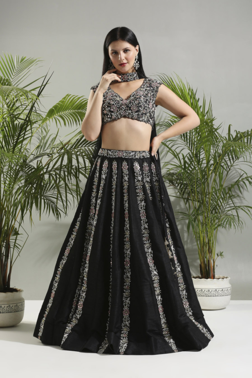 Black Thread And Mirror Hand Embroidered Lehenga Set Sunset Bloom