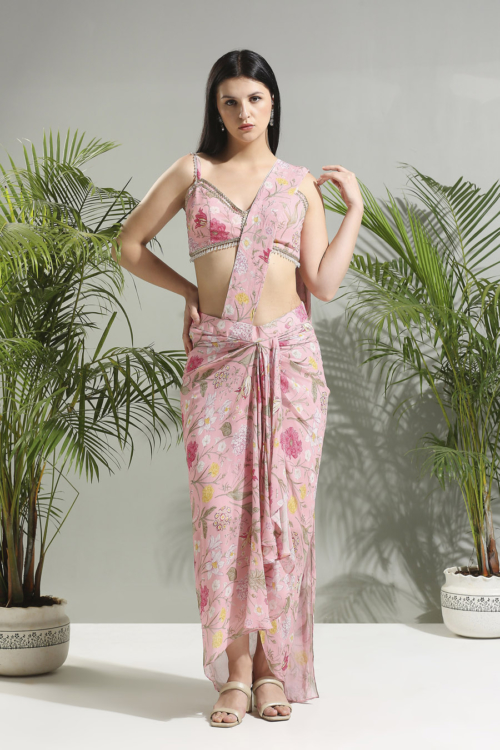 Blush Pink Slit Saree Sunset Bloom