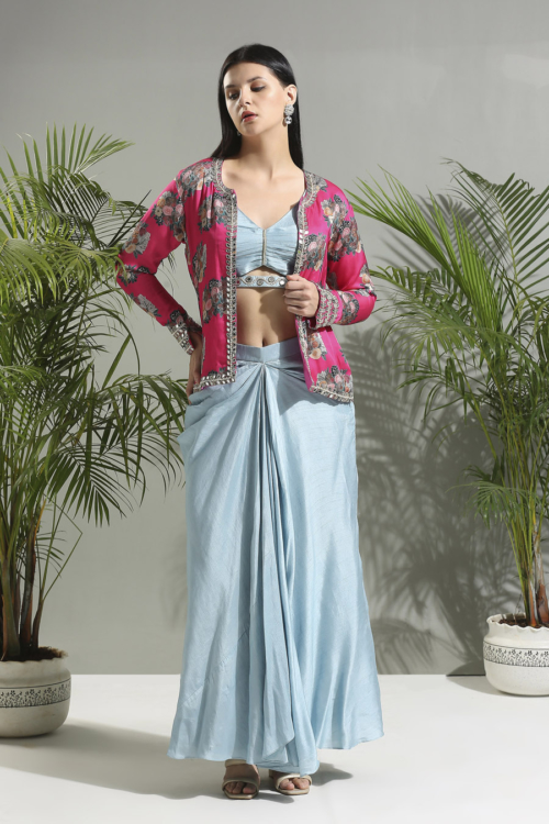 Grey Top And Skirt Set With Fuchsia Jacket Sunset Bloom