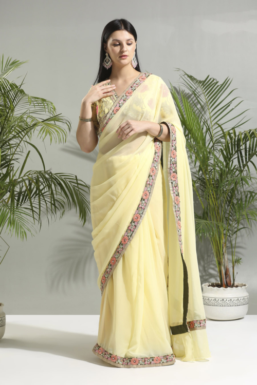 Yellow Saree With Floral Blouse Sunset Bloom
