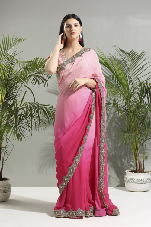 Pink Shaded Saree With Floral Blouse Sunset Bloom
