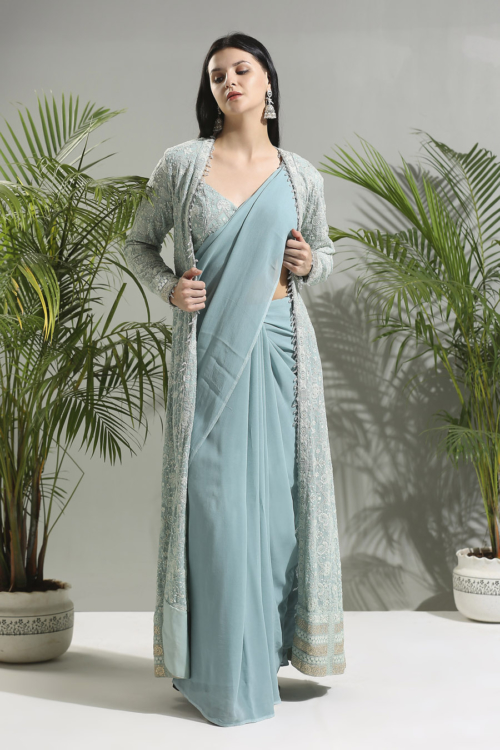 Dusty Blue Jacket And Saree Set Sunset Bloom