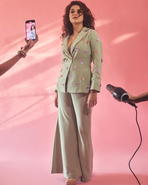 Dust Green Pant Suit with 3D Floral Embroidery Indo-Western