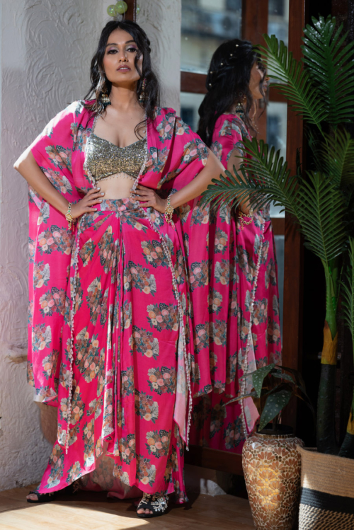 Fuchsia Pink Floral Draped Skirt And Cape Set Indo-Western