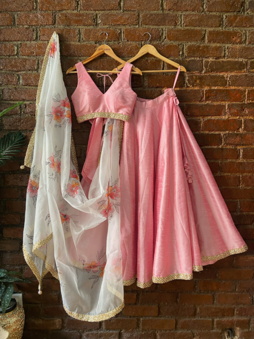 Pink and Ivory Hand Painted Lehenga Set Bridesmaids