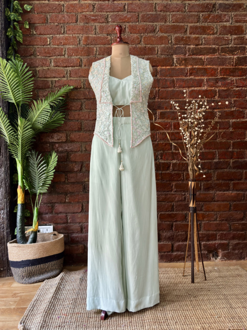 Mint Sequin Work Jacket and Pant Set Indo-Western