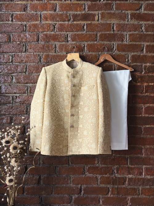 Beige Thread Work Bandhgala and Pant Set Mens