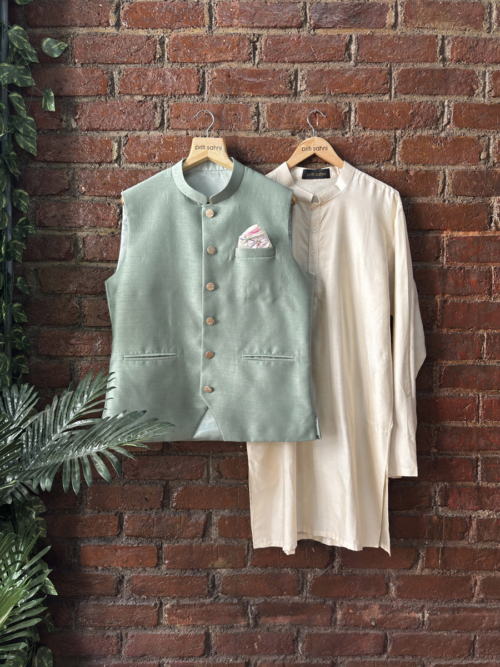 Creme Kurta and Pant with Sage Green Raw Silk Vest Mens