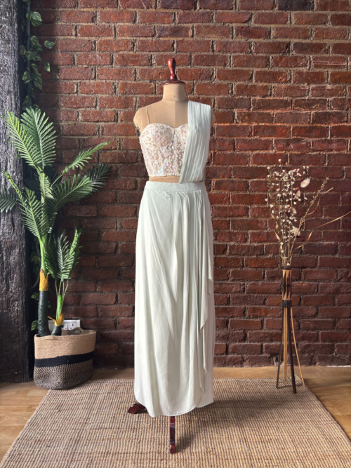 Ivory Sequin Work Corset and Mint Green Draped Saree Sarees