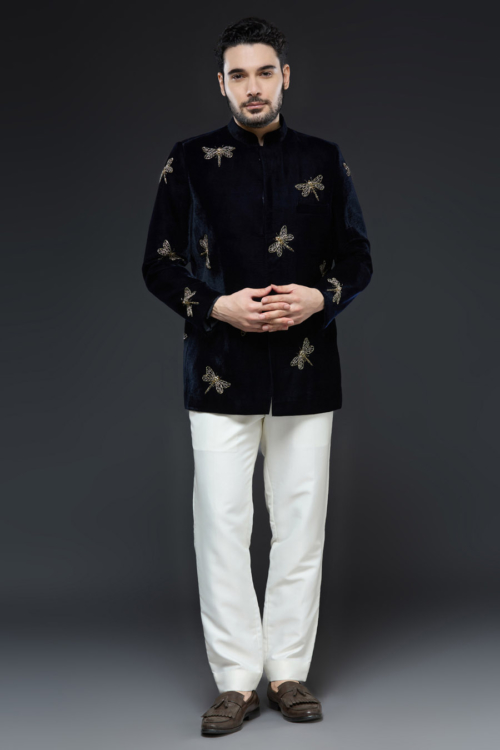 Navy Blue Velvet Dragonfly Bandhgala Set What's New