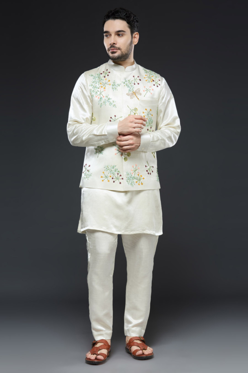 Ivory Hand Painted and Hand Embroidered Vest Set Mens