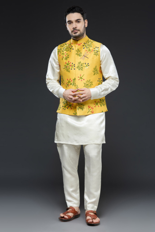 Ivory and Yellow Hand Painted and Hand Embroidered Vest Set Mens