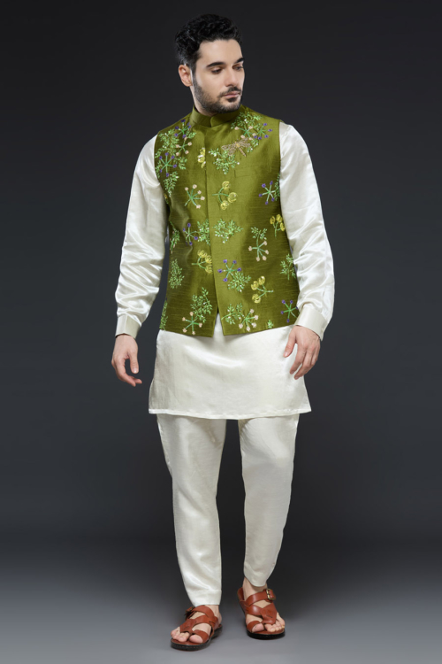 Ivory and Green Hand Painted and Hand Embroidered Vest Set Mens