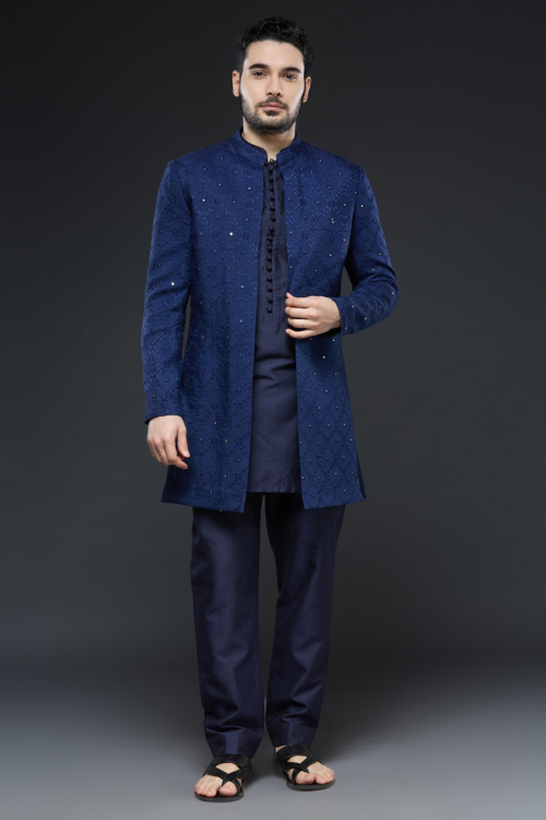 Navy Blue Sherwani Jacket Set Mens